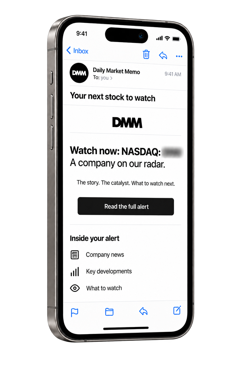 DMM stock research alert on an iPhone